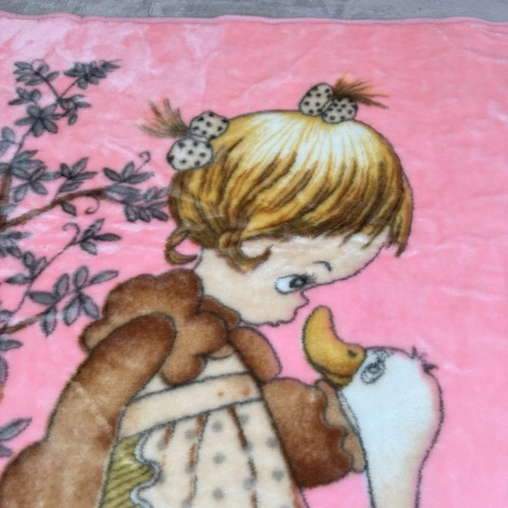 Vtg Korean Mink Baby Blanket Precious Moments Girl Duck Goose Pink Cottage 80s